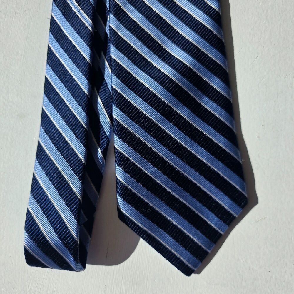 Nordstrom Silk Tie Navy Blue White Striped Statement Preppy Corpcore USA made